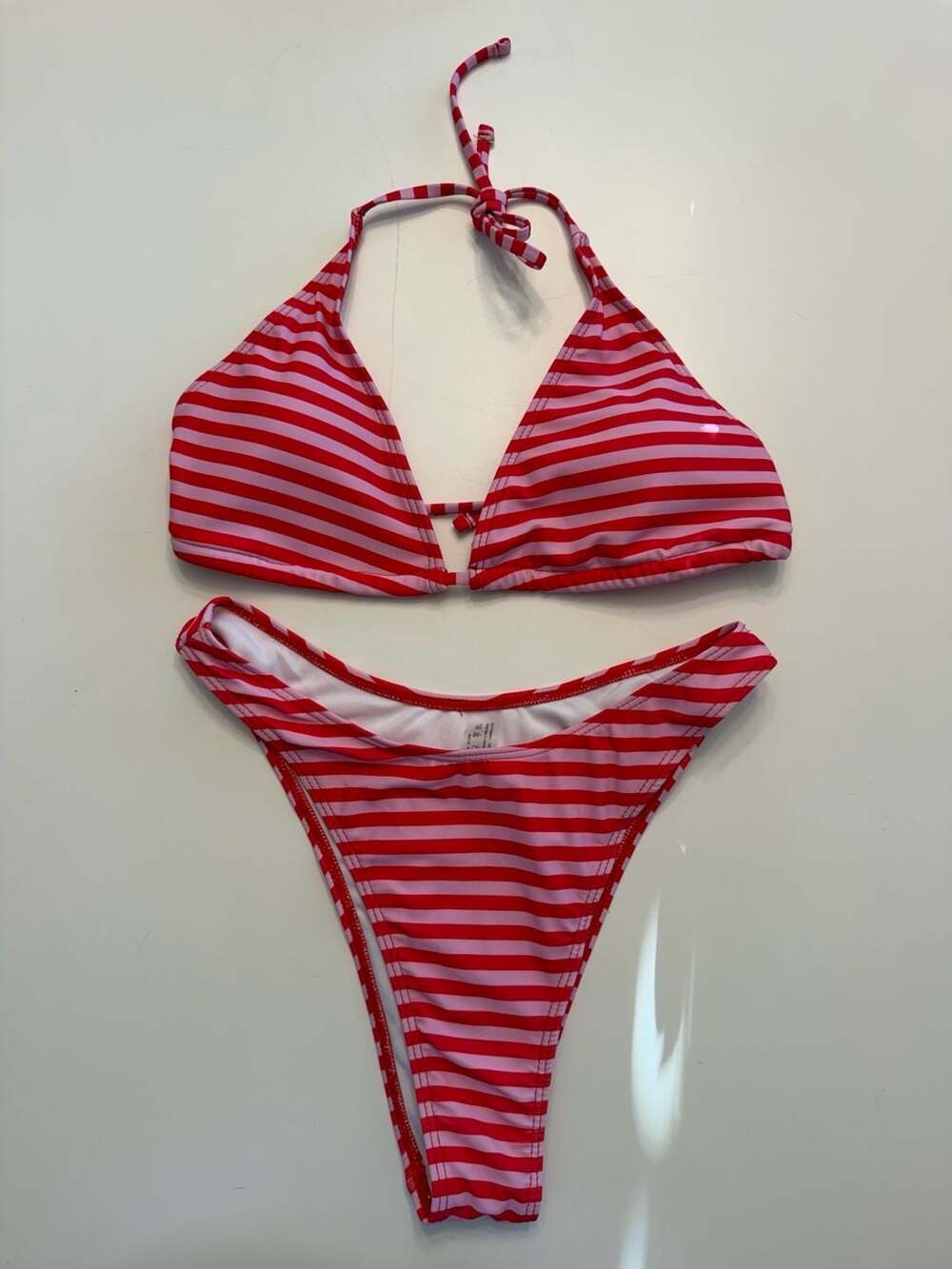 Red and Pink Striped Halter Triangle Bikini Set Size S